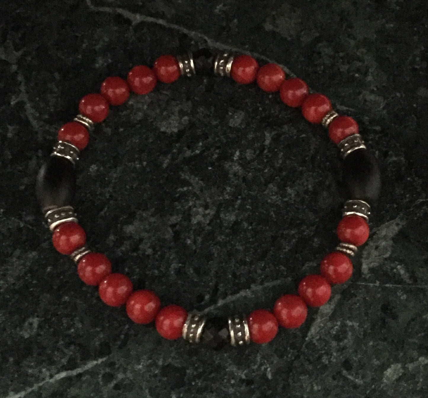 Bracelet - Red Coral & Onyx with Silver Roundels