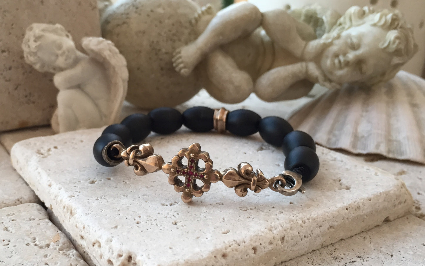 Bracelet - Bronze Fleur De Lis Cross with Rubies