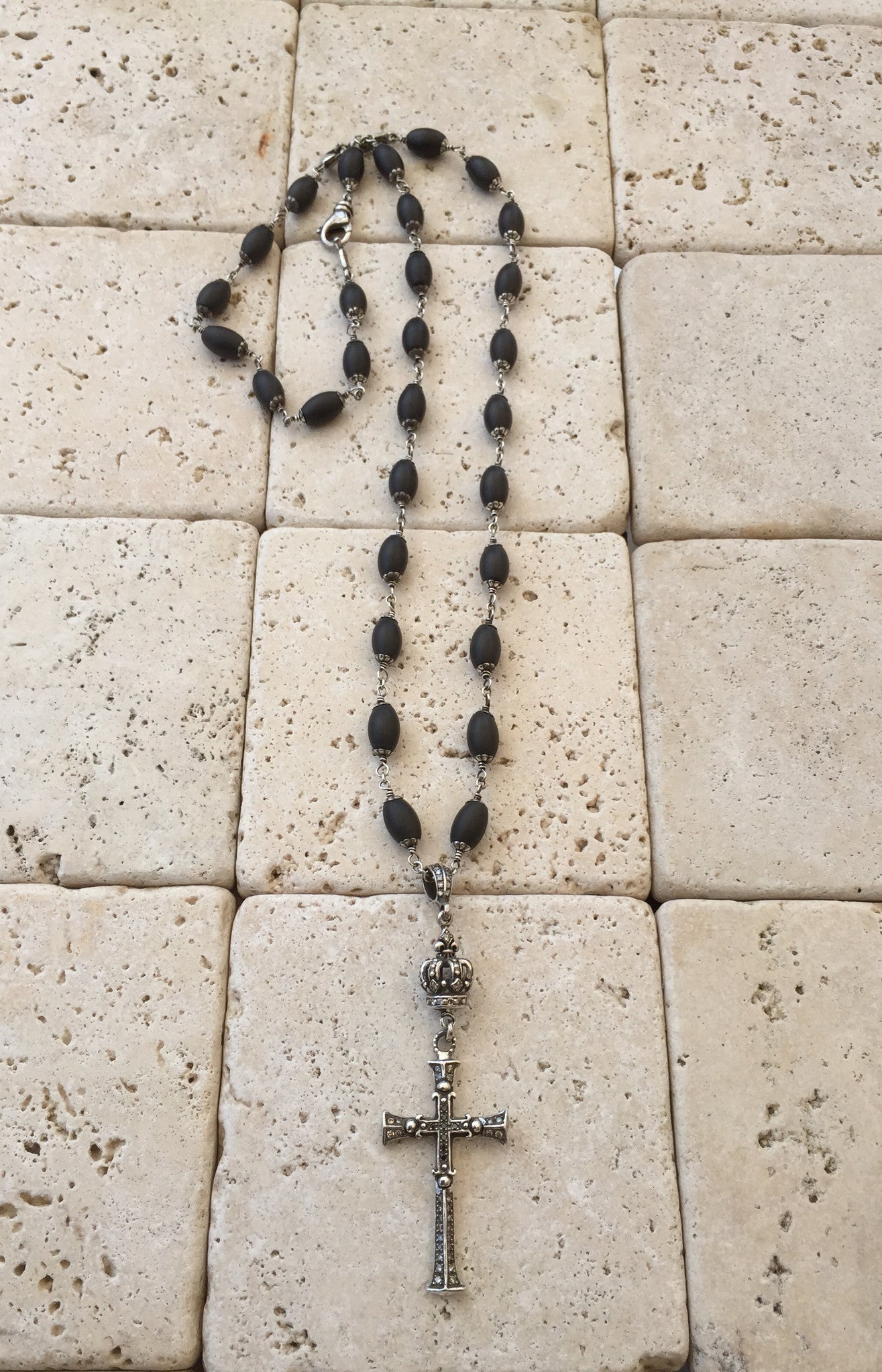 Sterling Silver Diamond Cross with Diamond Crown and Black Onyx Beads