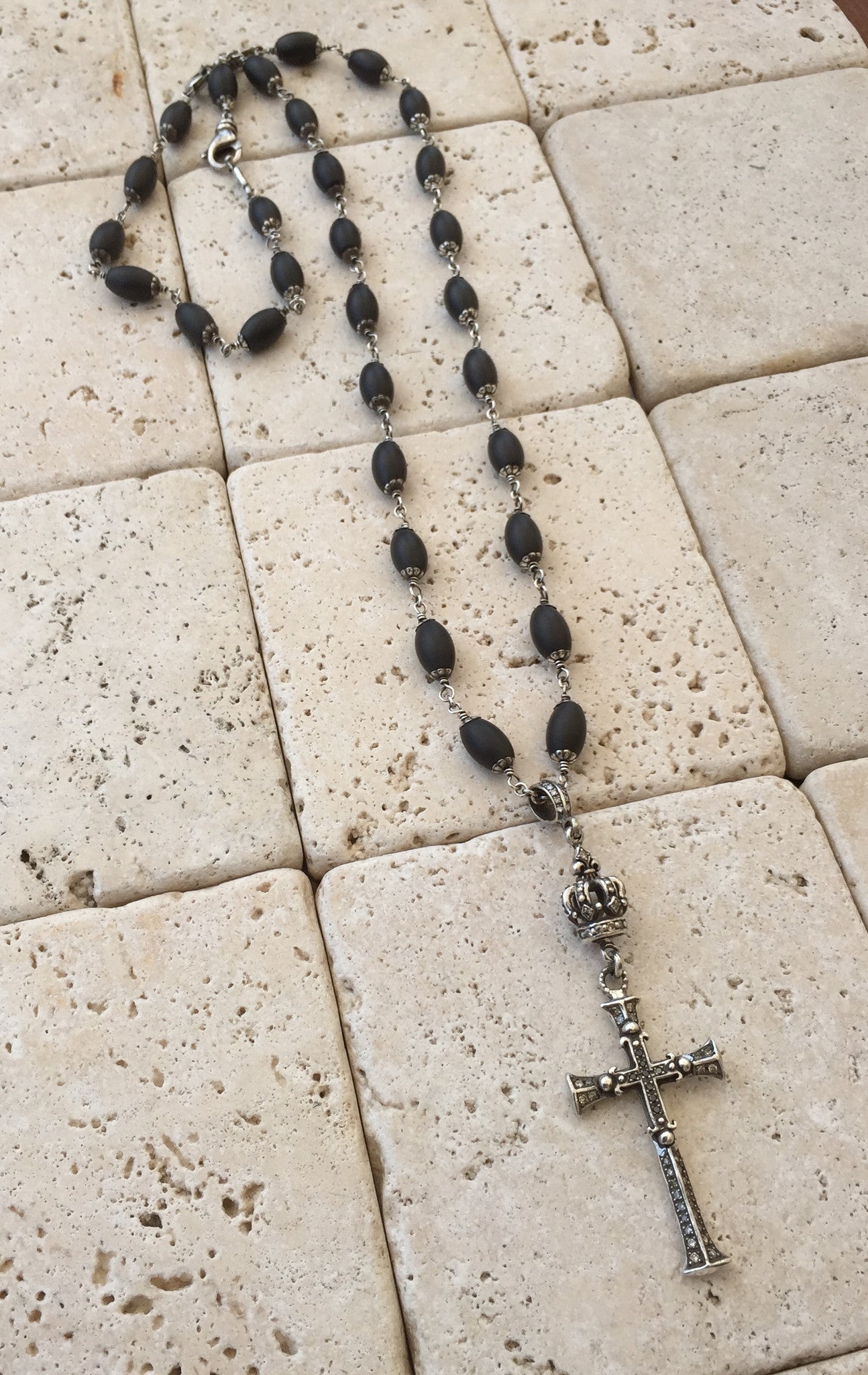 Sterling Silver Diamond Cross with Diamond Crown and Black Onyx Beads