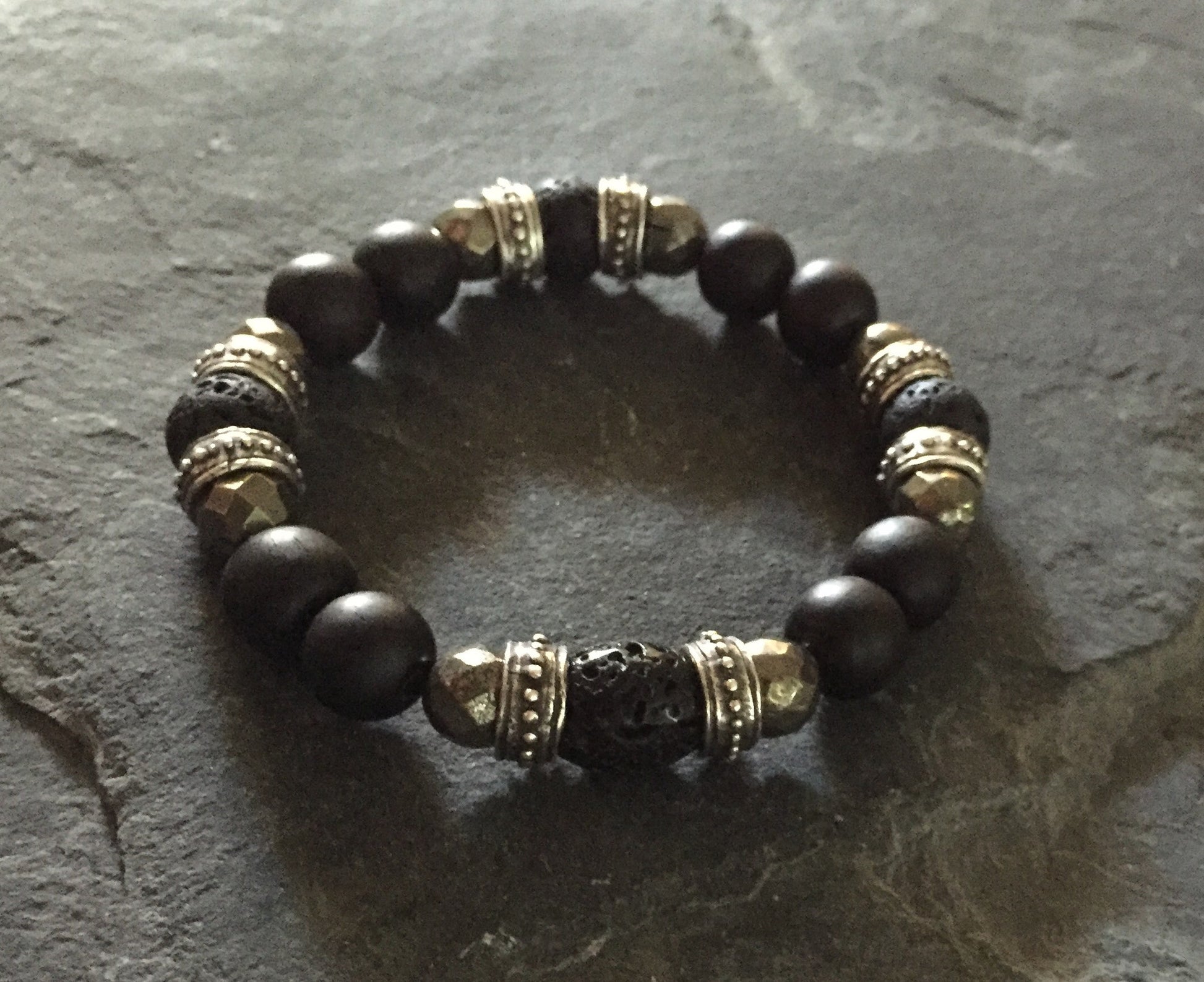 Bracelet - Lava, Pyrite & Silver roundels with Ebony Wood by Roman Paul