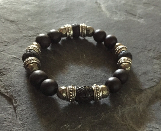 Bracelet - Lava, Pyrite & Silver roundels with Ebony Wood by Roman Paul