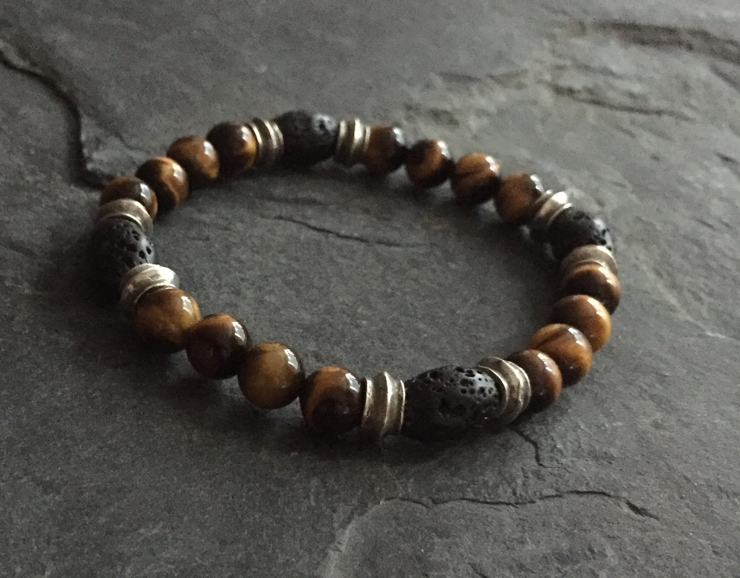 Bracelet - Sterling Silver Roundel & Tiger Eye w Lava by Roman Paul