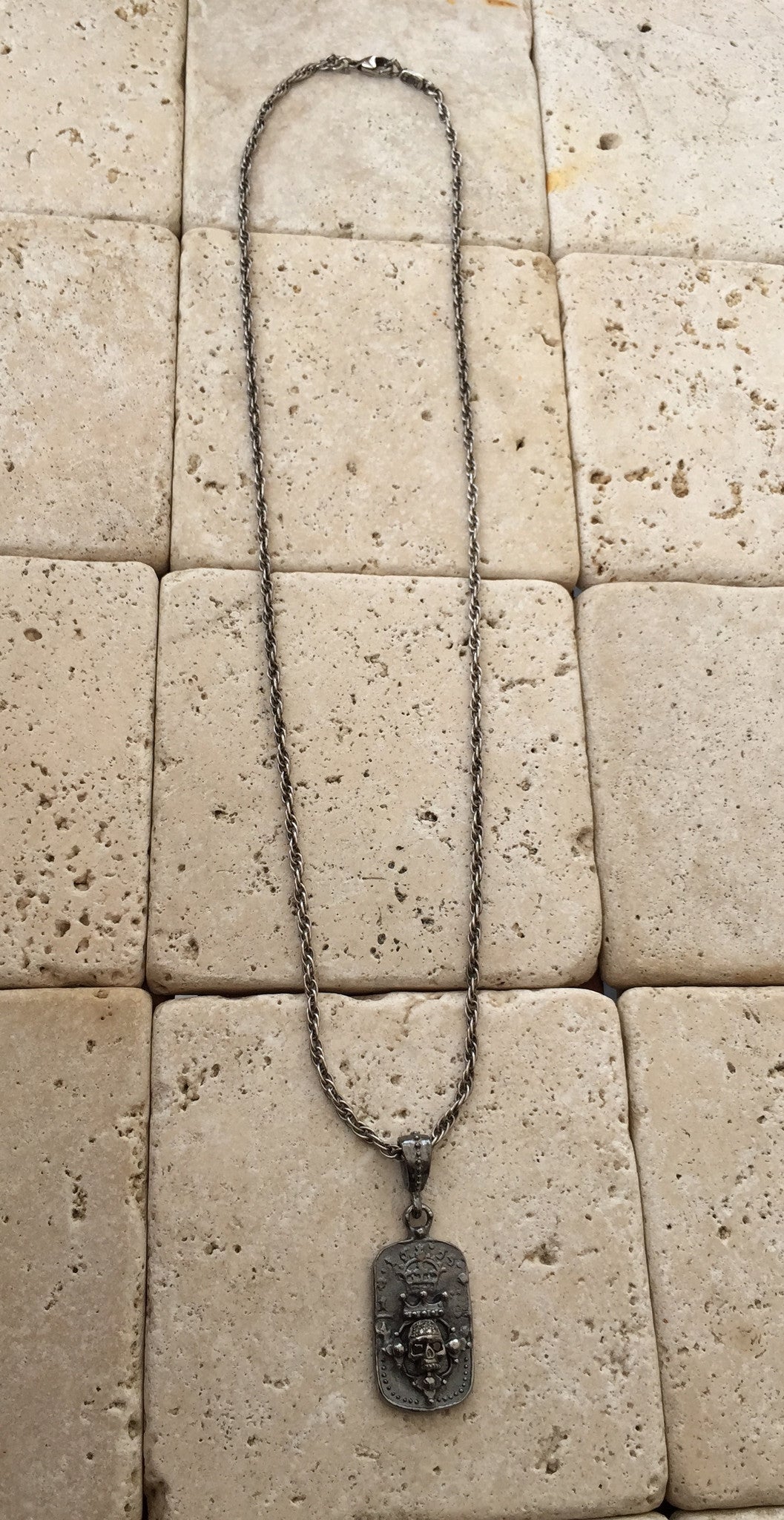 Sterling Silver Skull & Crown DogTag with Diamonds