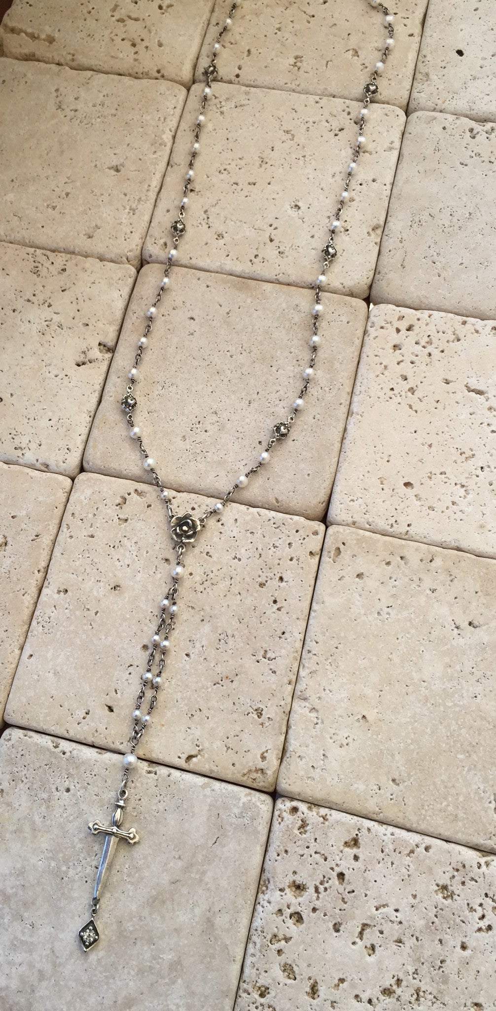 Silver Sword and Sapphire Pearl Necklace