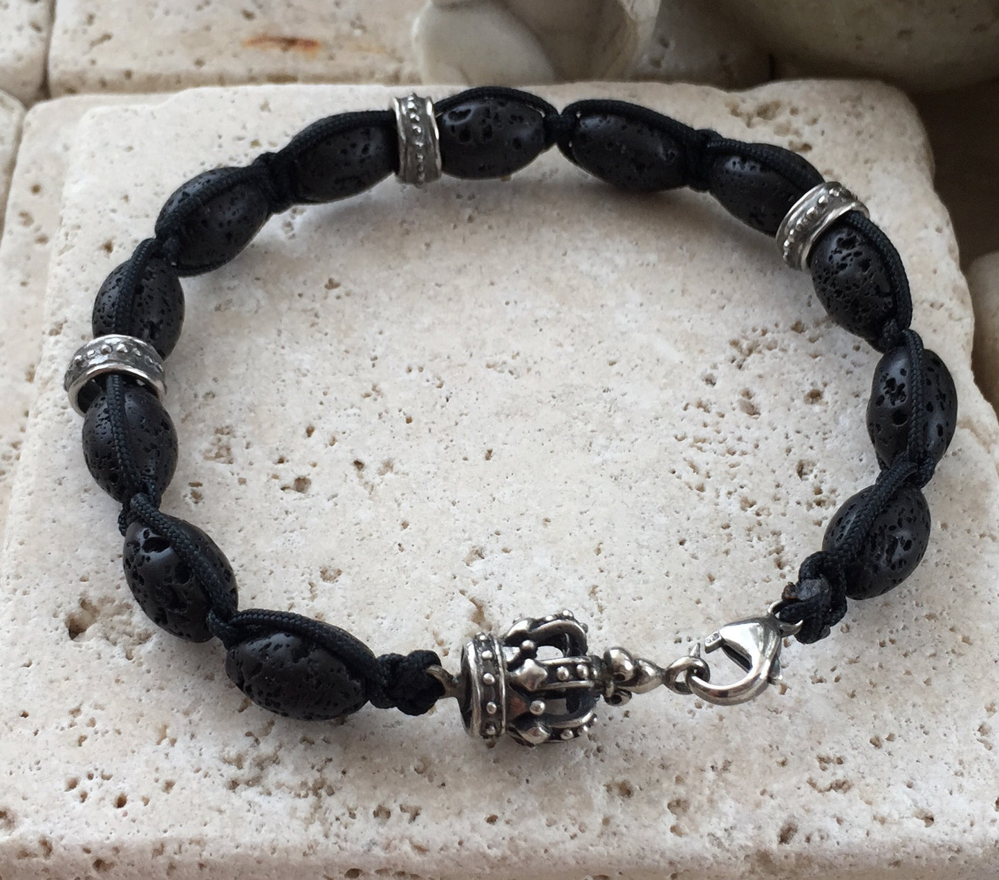 Sterling Silver Crown with Silver Roundels and Lava Beads