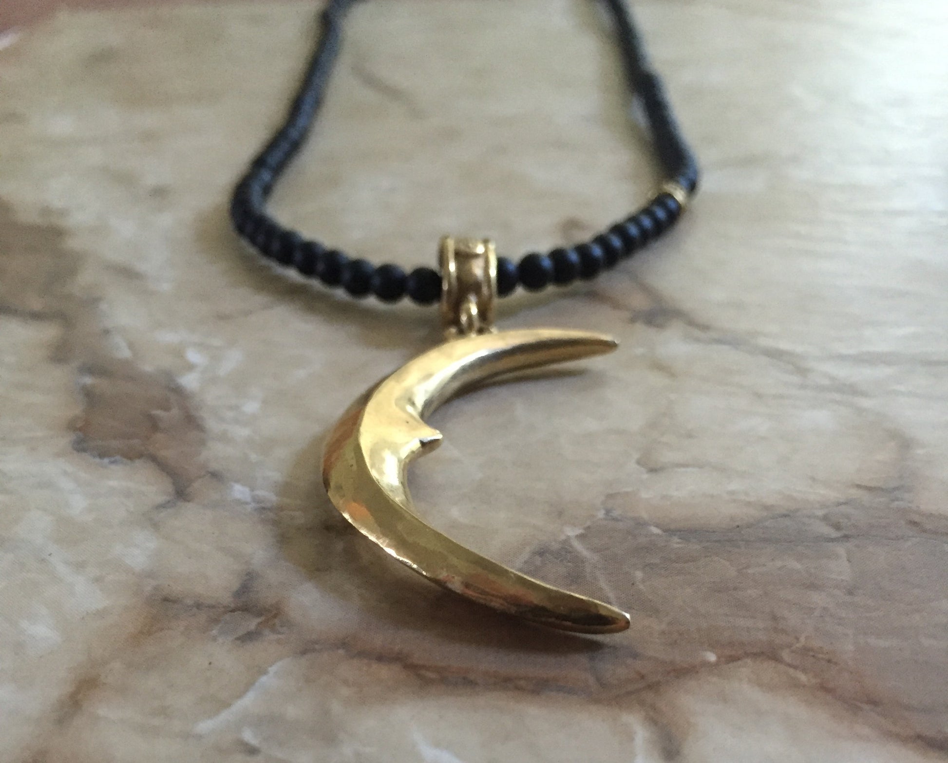 Necklace - Golden Crescent Moon & Onyx by Roman Paul