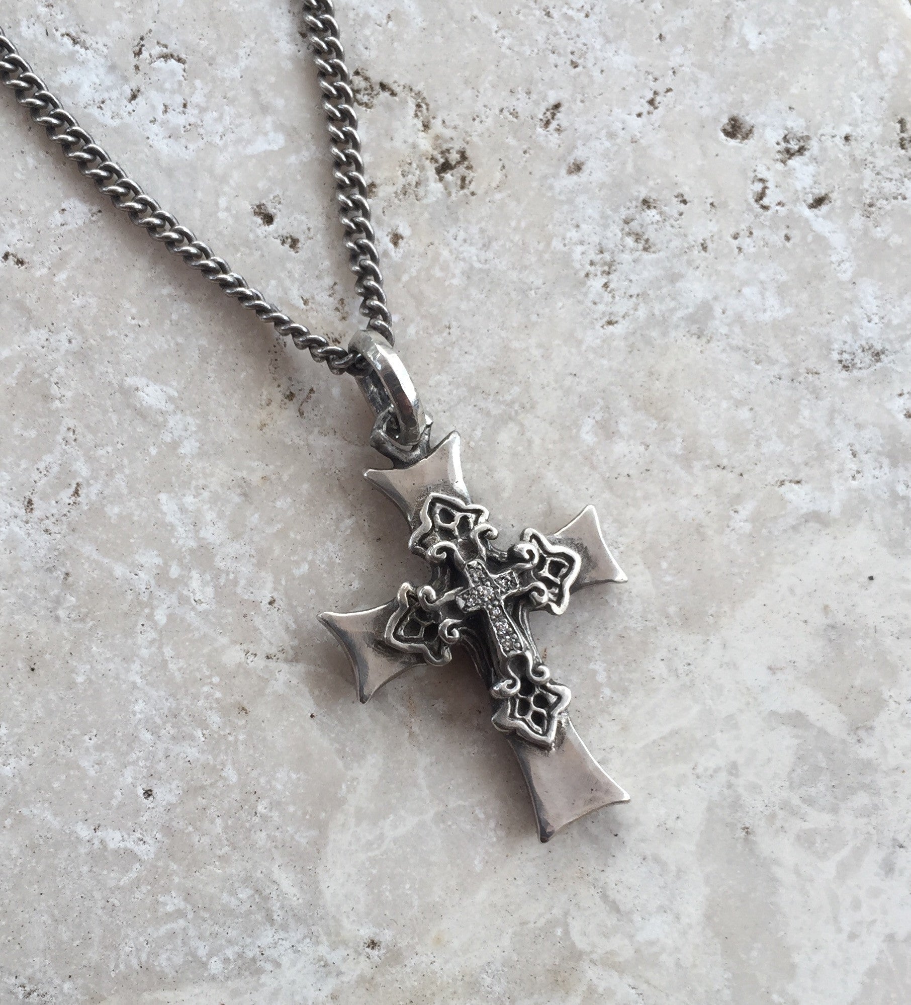 Silver Cross Necklace with Diamond and Rubies