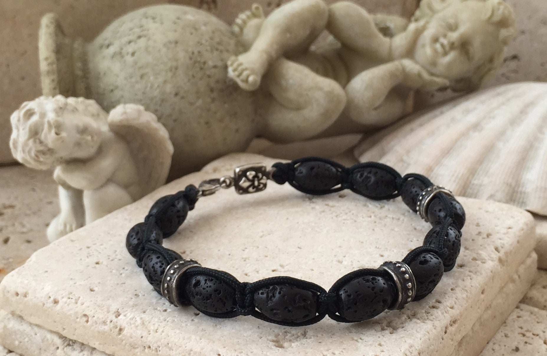 Silver Fleur de Lis Bracelet Silver Roundels & Lava