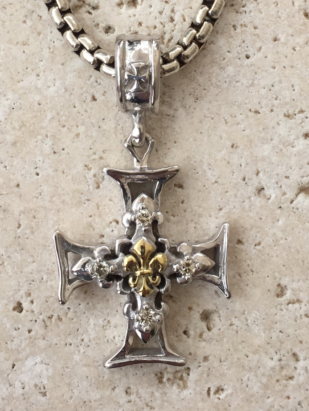 Sterling Silver Cross Fleur de lis 18k Gold & Diamonds