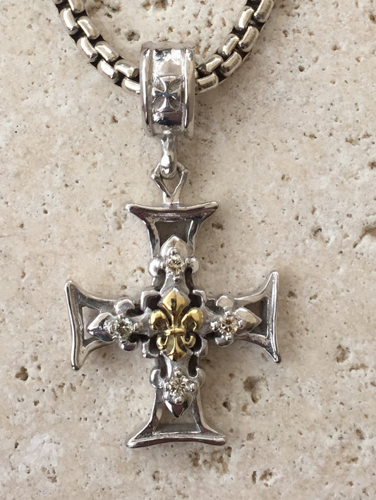 Sterling Silver Cross Fleur de lis 18k Gold & Diamonds