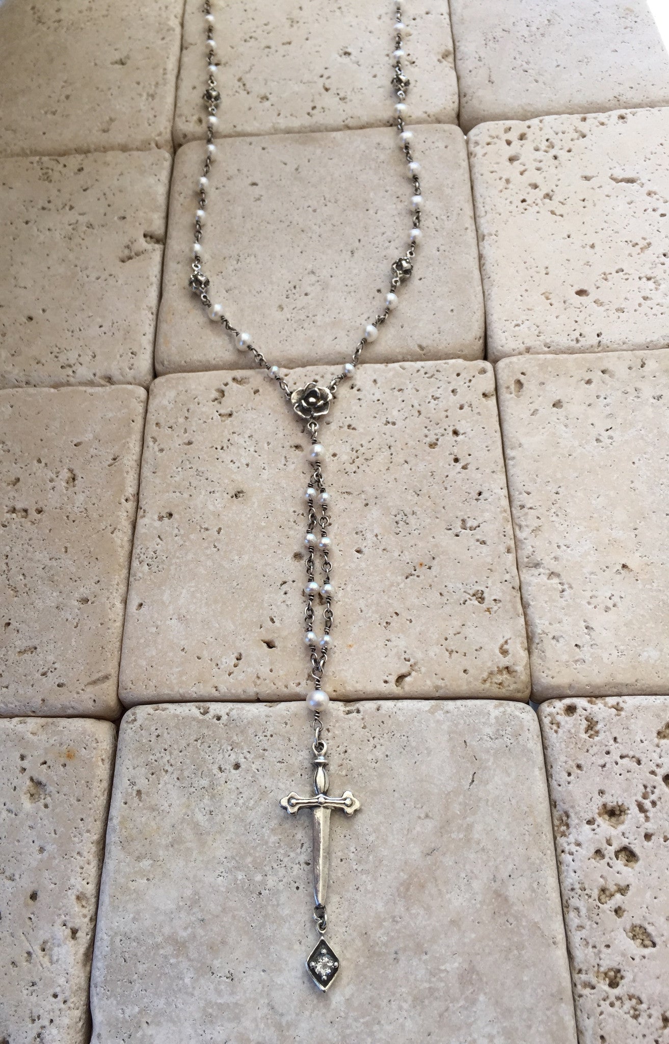 Silver Sword and Rose Sapphire Pearl Necklace by Roman Paul