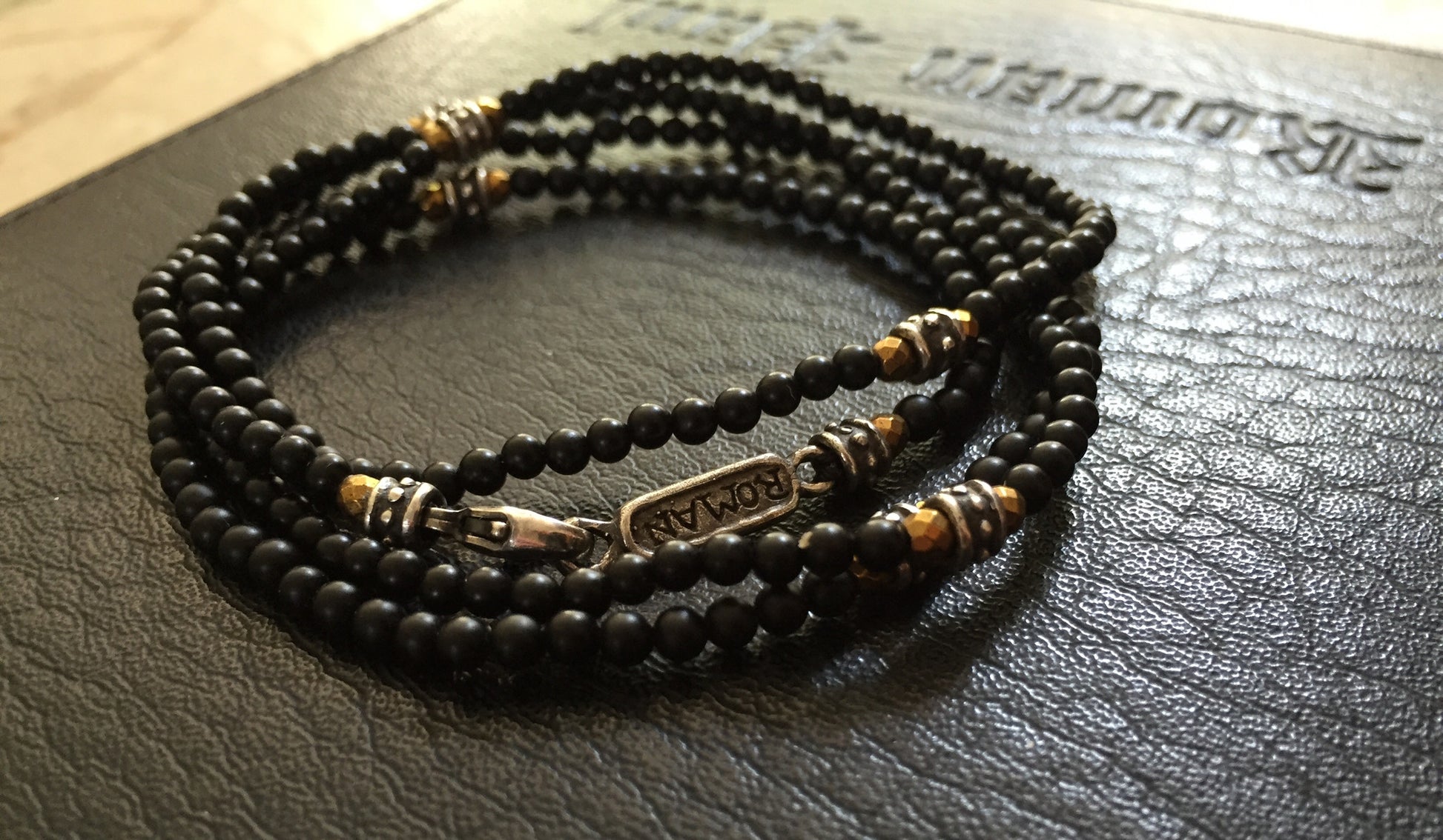 Bracelet - Multi Wrap Onyx and Golden Hematite Silver Rondel