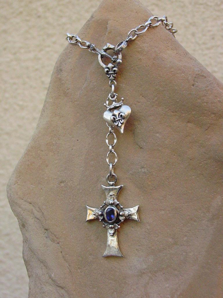 Sterling Silver Cross with Iolite & Crowned Fleur De Lis Heart Toggle Necklace