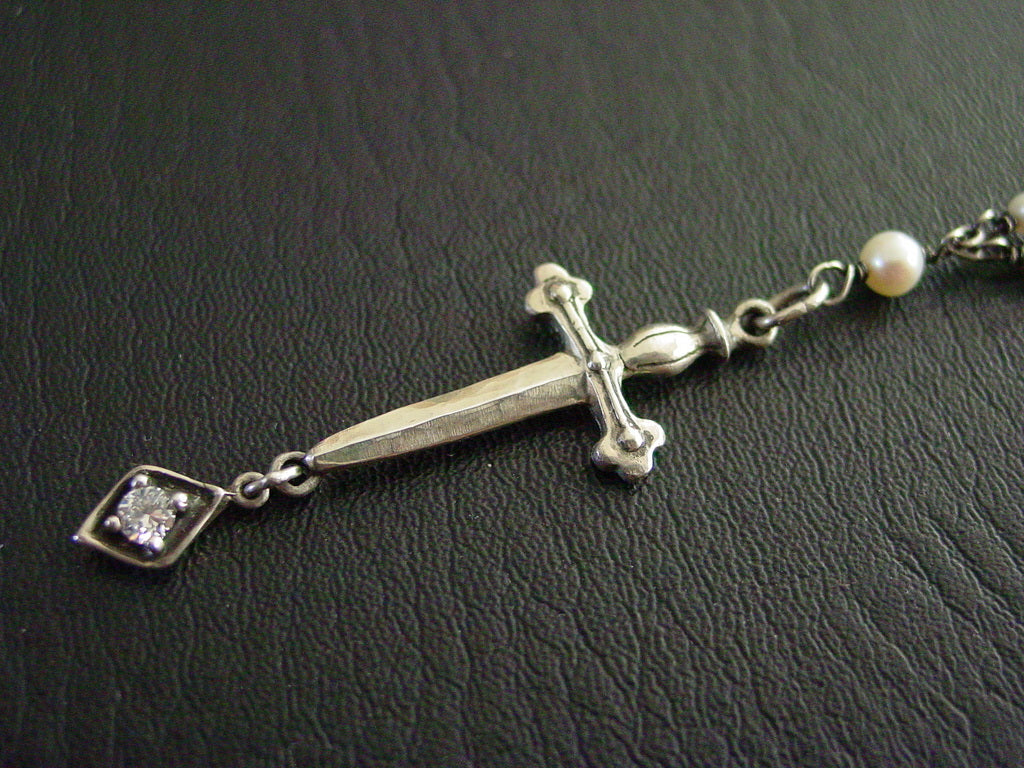 Silver Sword and Rose Sapphire Pearl Necklace by R. Paul