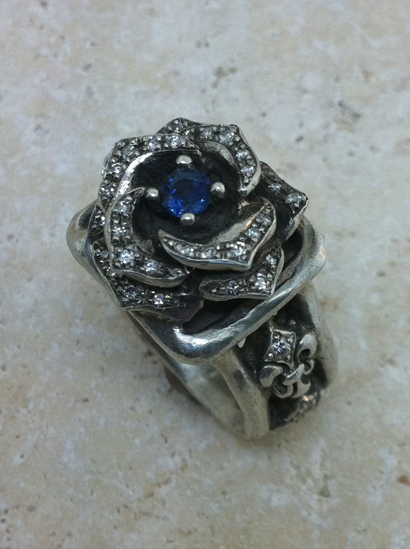 Silver Blue Sapphire Diamond Fleur De Lis Rose