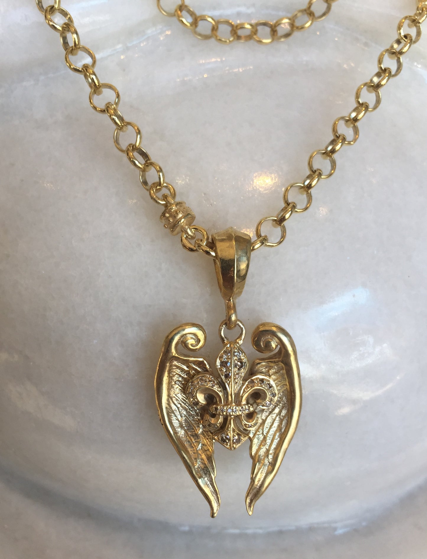 Necklace - Golden Fleur de Lis with Angel Wings in sterling silver by Roman Paul