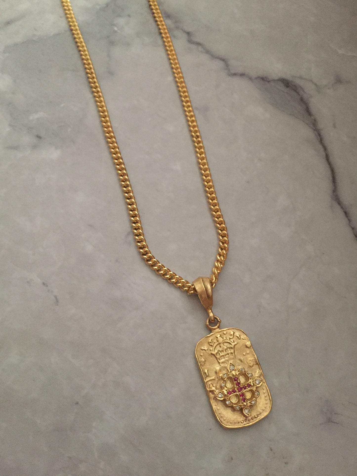 Necklace - Golden Fleur de Lis Dog Tag with Rubies