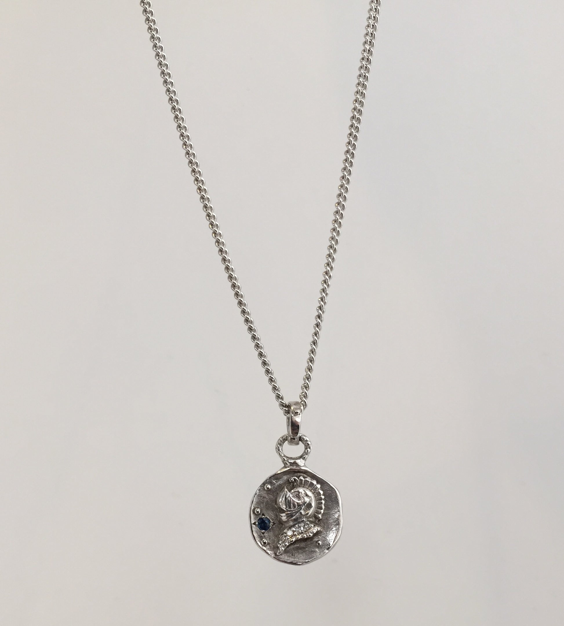 Knight Medallion Blue Sapphire & Diamonds platinum plated