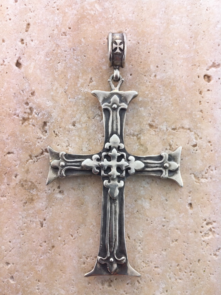 Sterling Silver Layered Renaissance Fleur De Lis Cross