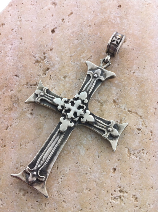 Sterling Silver Layered Renaissance Fleur De Lis Cross