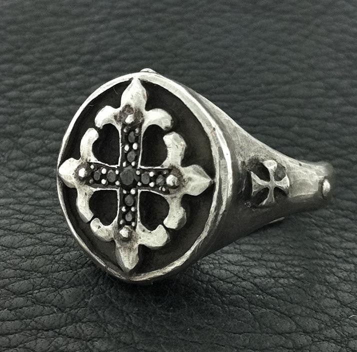 Sterling Silver Fleur De Lis Cross Black Diamond Pave Ring