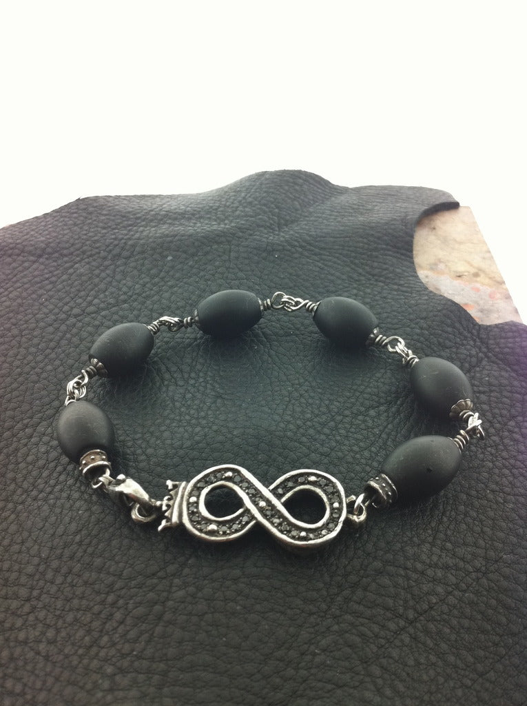 Sterling Silver Crowned Infinity Black Diamond Pave Bracelet with Onyx Beads