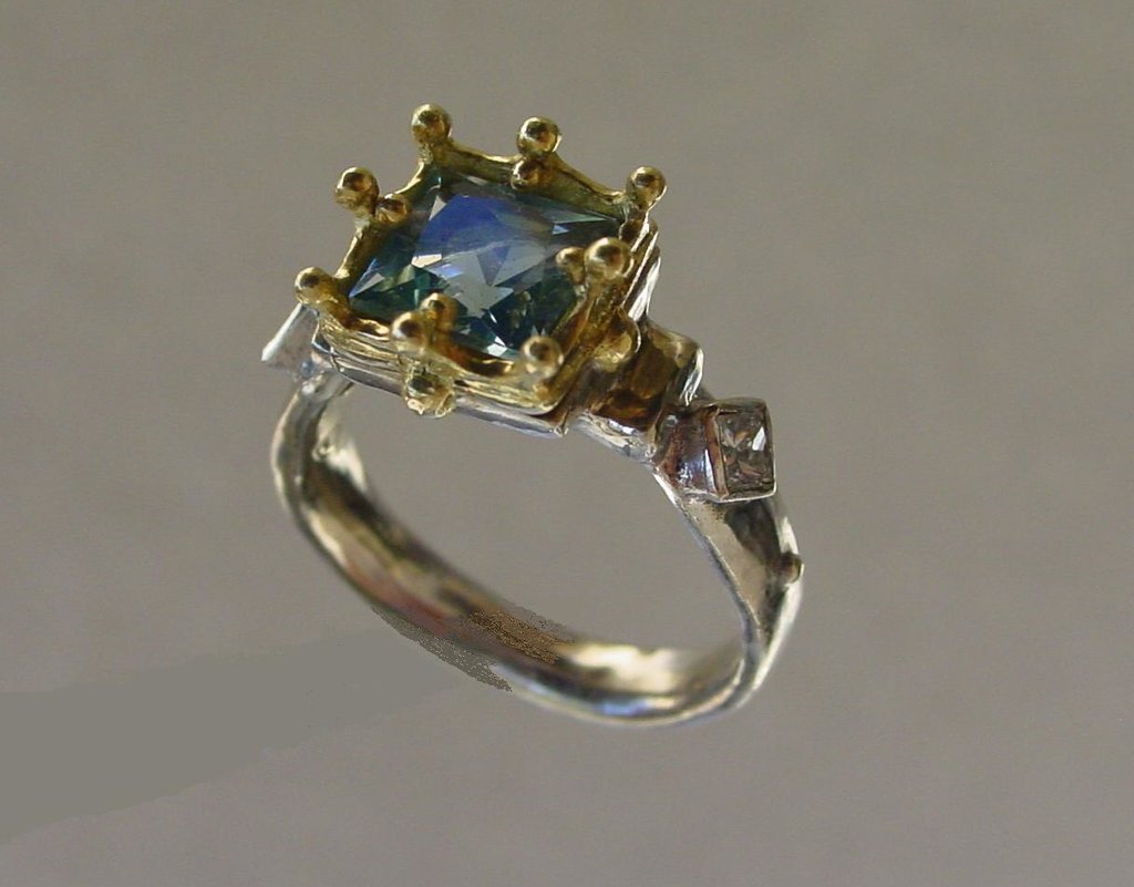 Gold Gothic Ring Aquamarine & White Diamonds