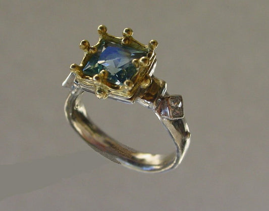 Gold Gothic Ring Aquamarine & White Diamonds