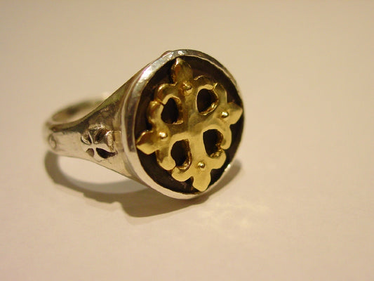 Gold 18k Fleur De Lis Cross Silver Ring