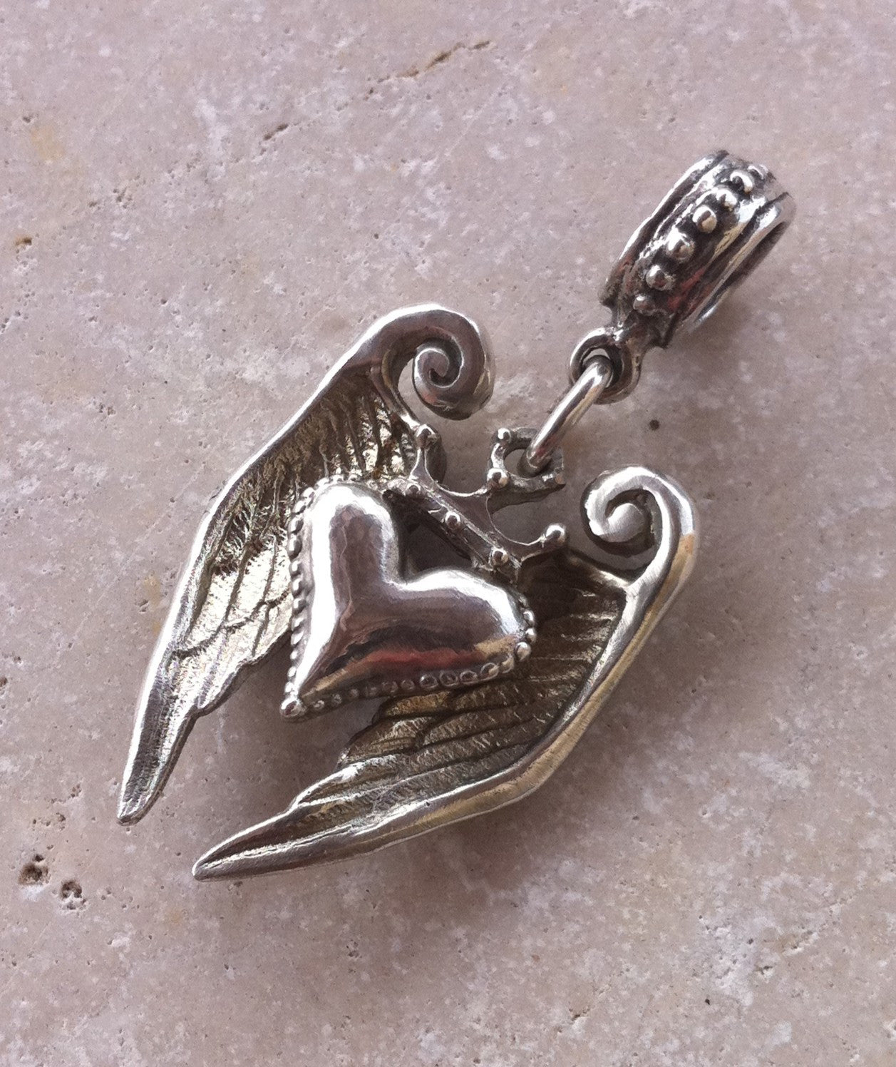 Sterling Silver Crowned Heart with Angel Wings