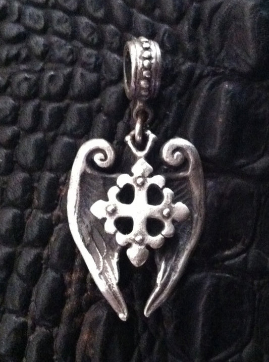 Sterling Silver Fleur De Lis Cross with Angel Wings Pentant