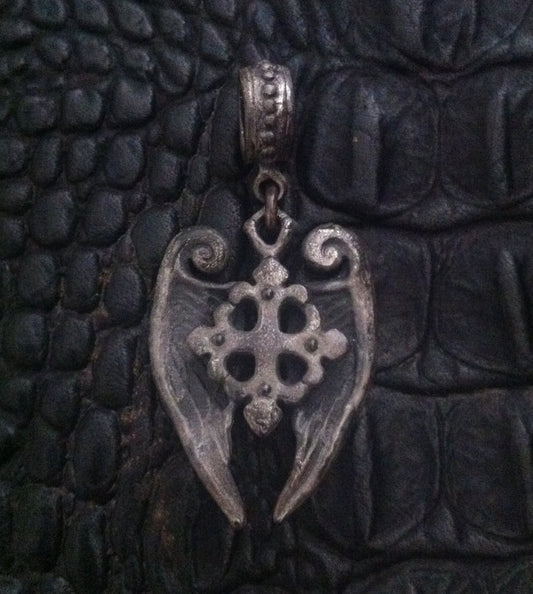 Sterling Silver Fleur De Lis Cross with Angel Wings Pendant