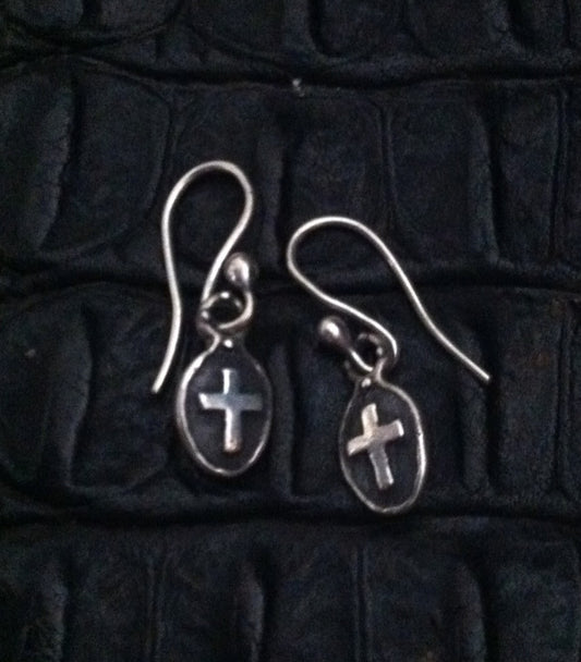 Sterling Silver Oval Frame Cross Hook Earrings
