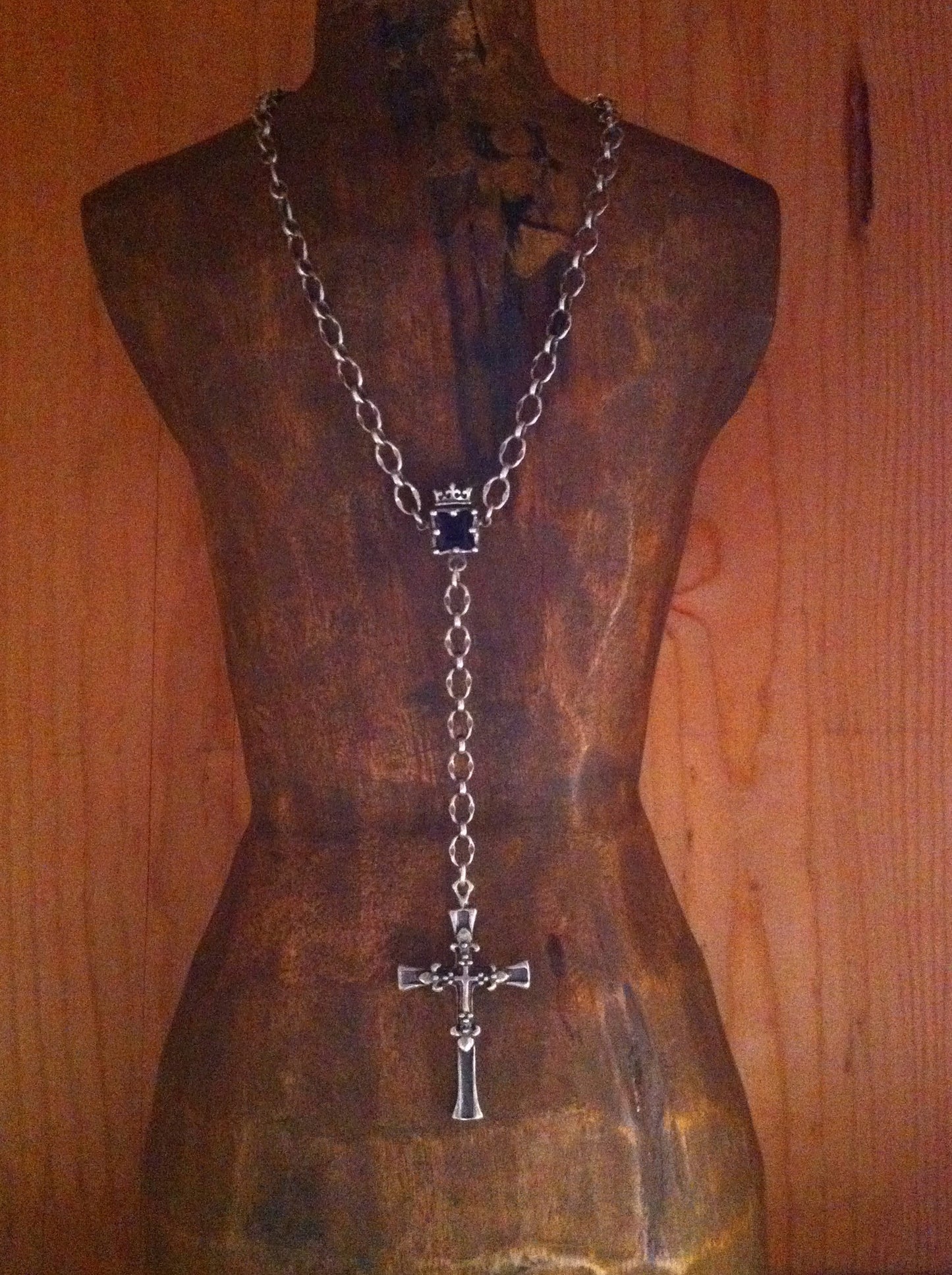 Sterling Silver Triple Cross with Crowned Lolite Centerpiece on Silver Chain