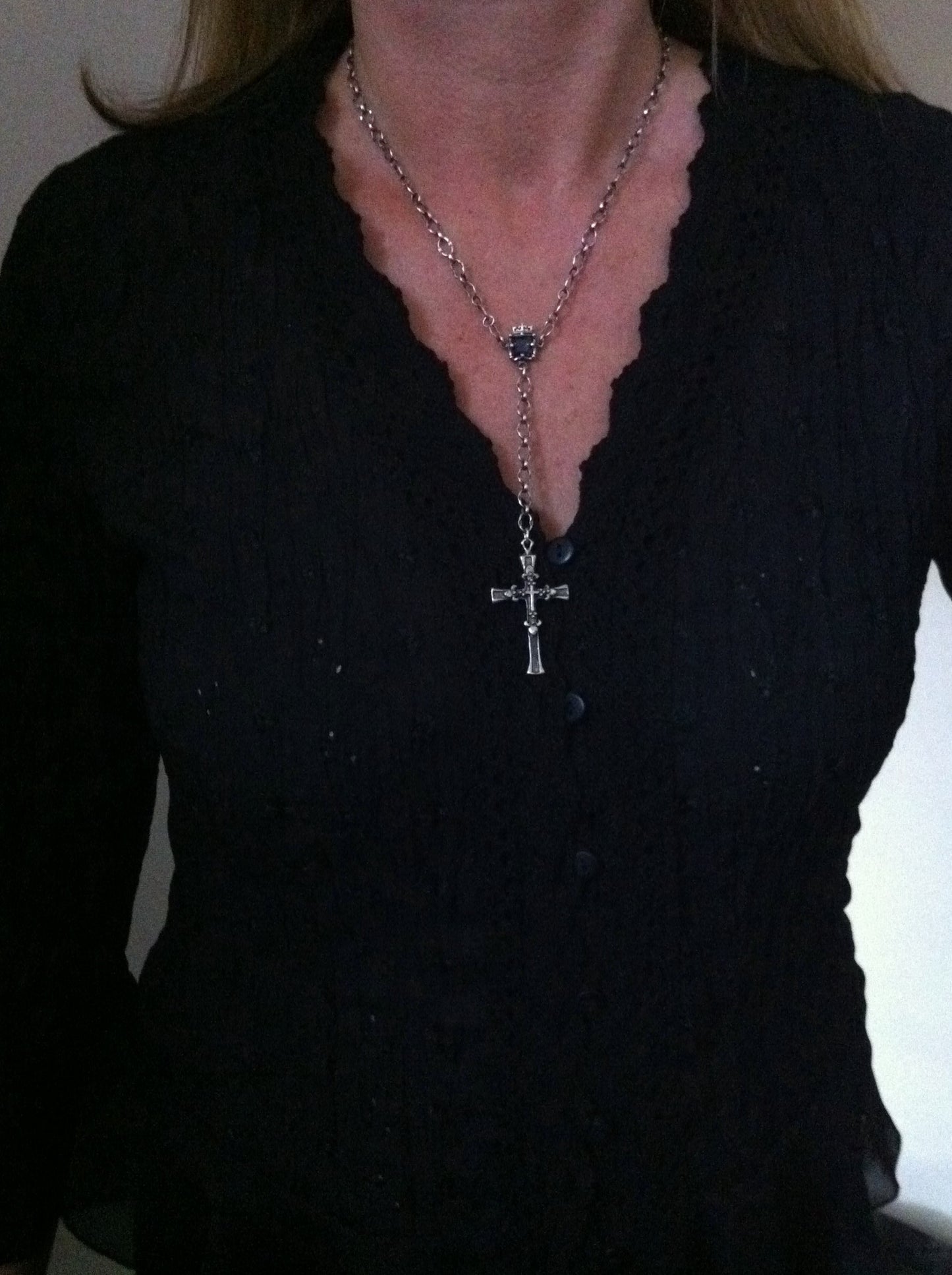 Sterling Silver Triple Cross with Crowned Lolite Centerpiece on Silver Chain