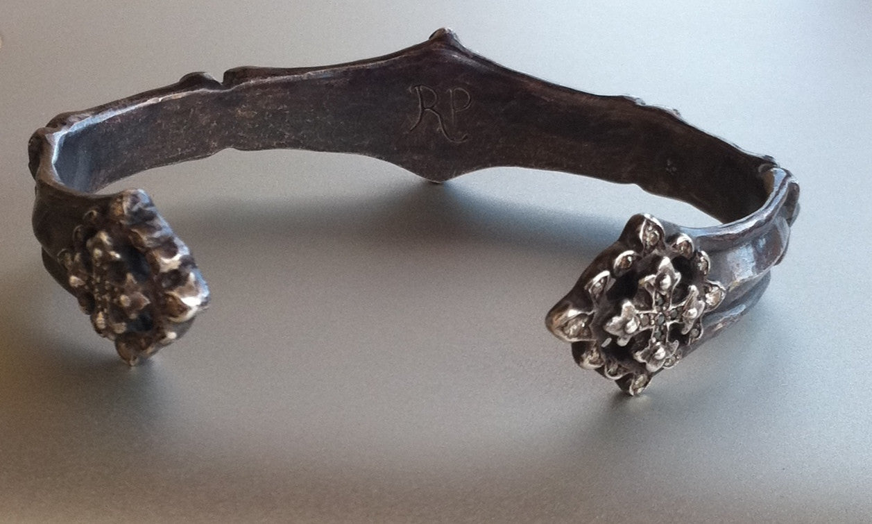 Sterling Silver Three Cross Cuff with Champagne & Black Diamond Pave