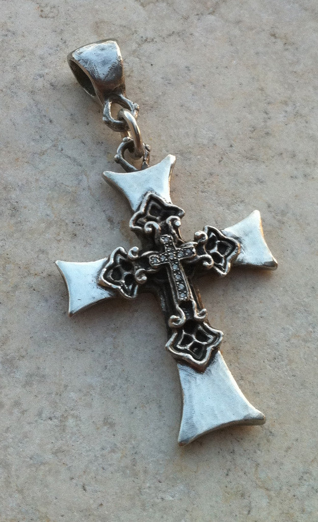 Sterling Silver Layered Cross with White Micro Diamond Pave Pendant