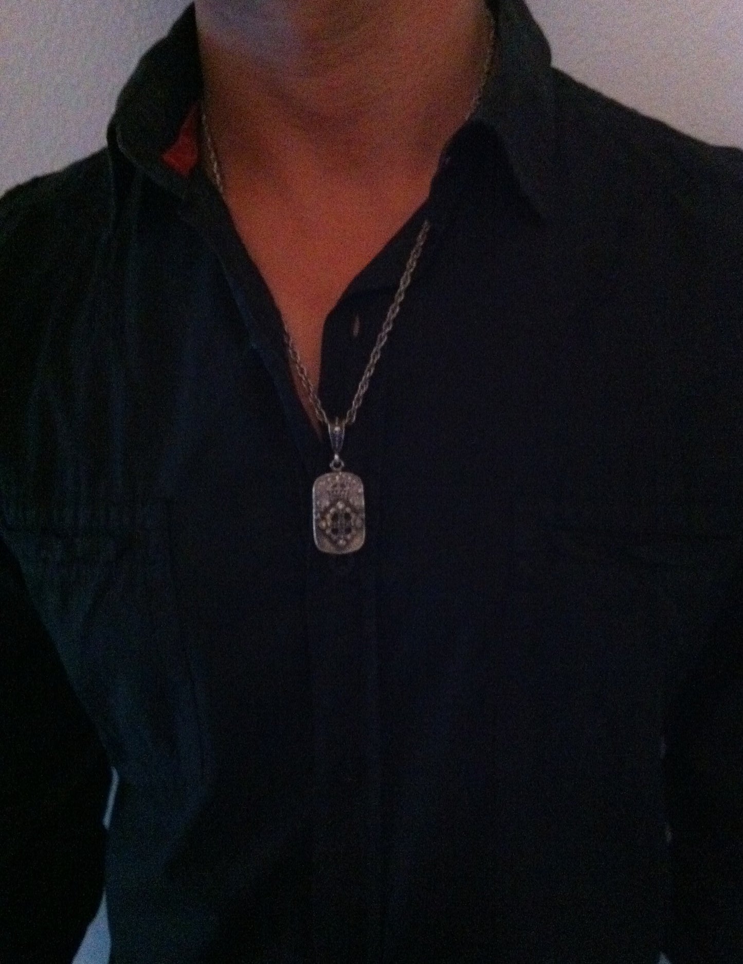 Necklace - Silver Renaissance Fleur De Lis Cross Dog Tag with Skull Bail Necklace