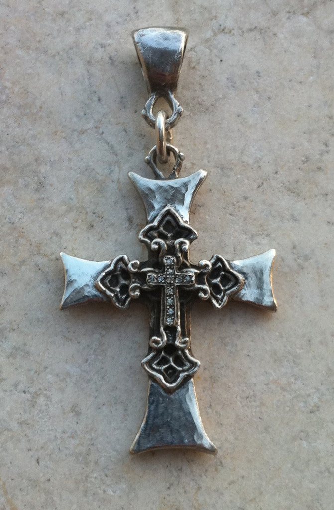 Sterling Silver Layered Cross with White Micro Diamond Pave Pendant