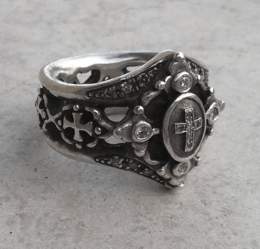 Sterling Silver Cross Diamond Pave with Internal Ruby Ring