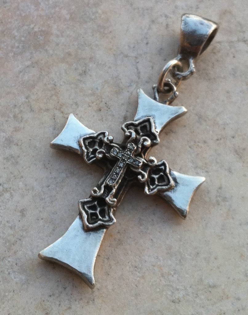 Sterling Silver Layered Cross with White Micro Diamond Pave Pendant