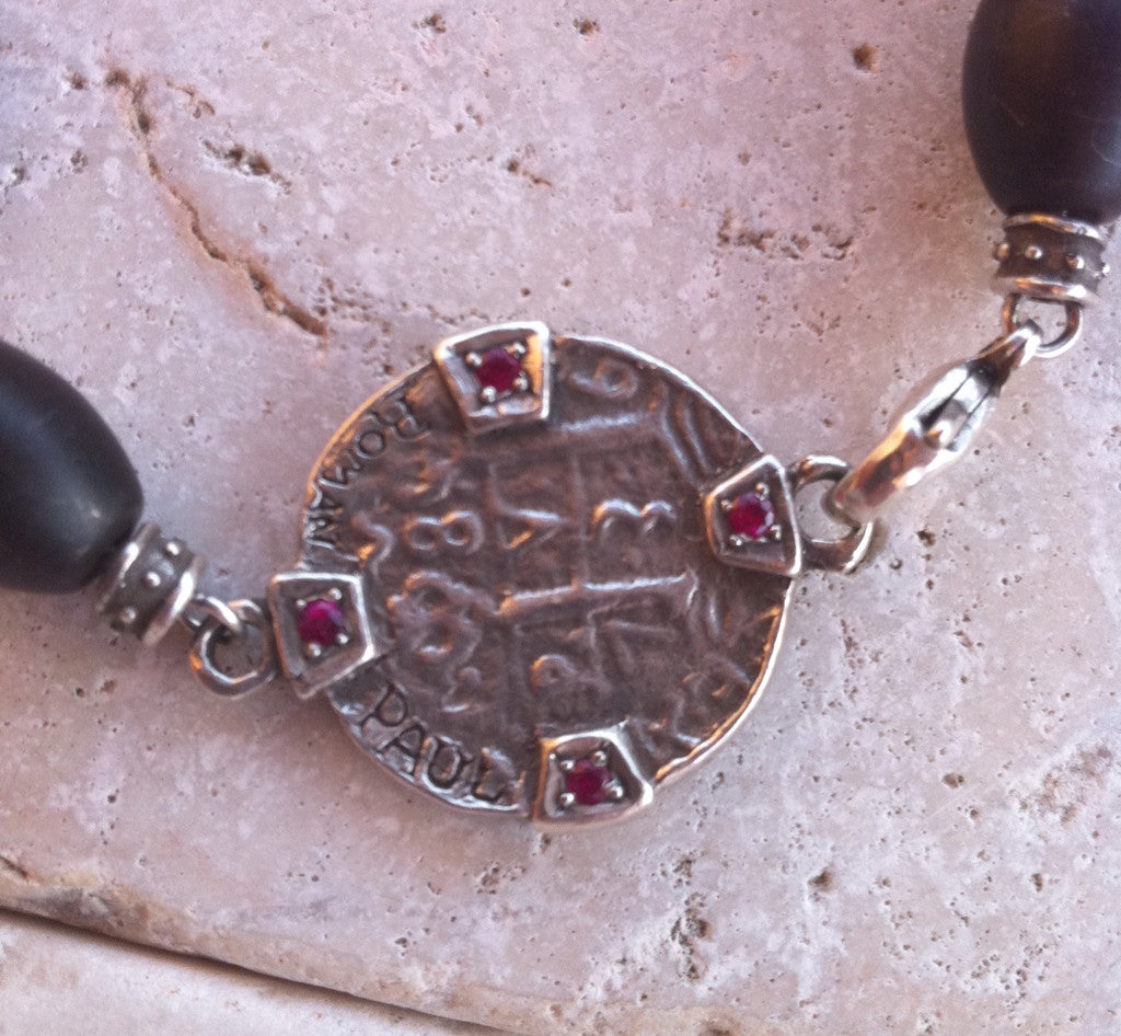 Sterling Silver Diamond Peace Sign with Rubies & Onyx