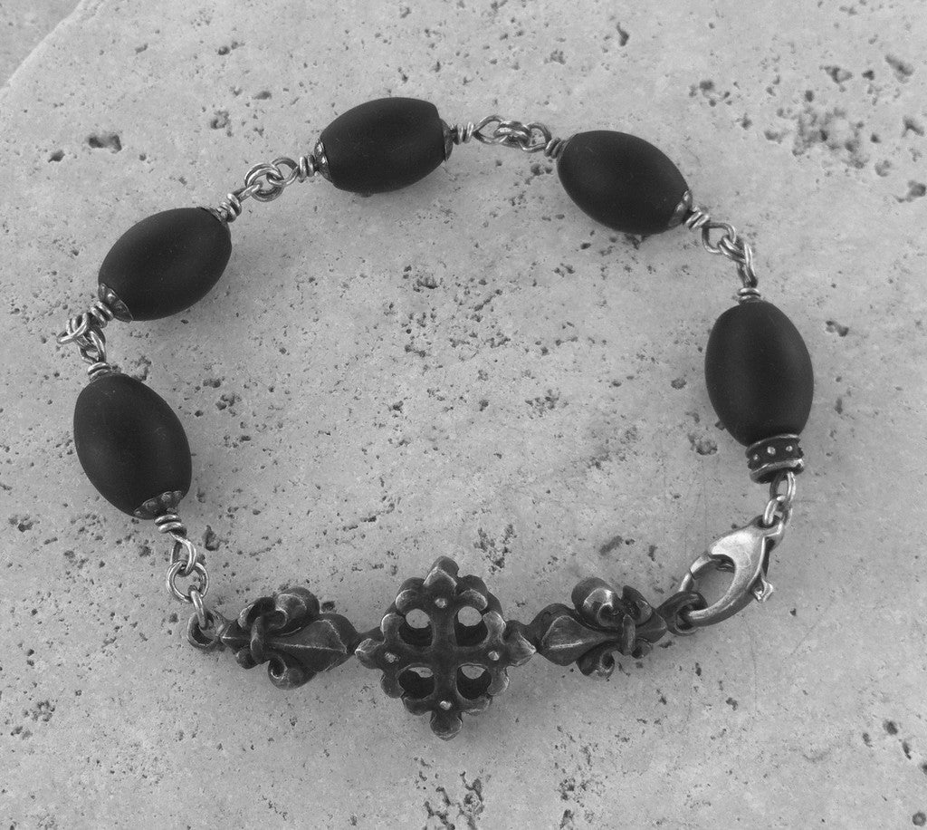 Sterling Sliver Cross Fleur De Lis Bracelet with Oval Onyx Beads