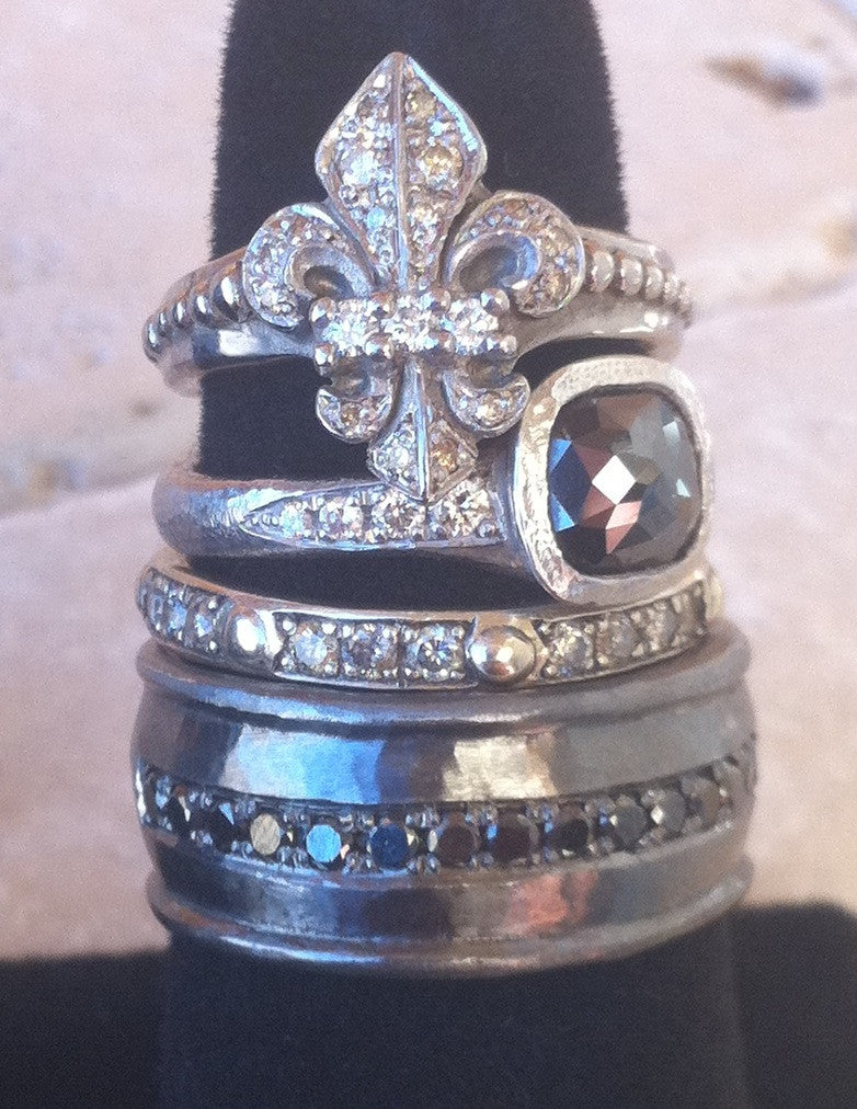 Sterling Silver Black Diamond Ring with Champange Diamond Pave