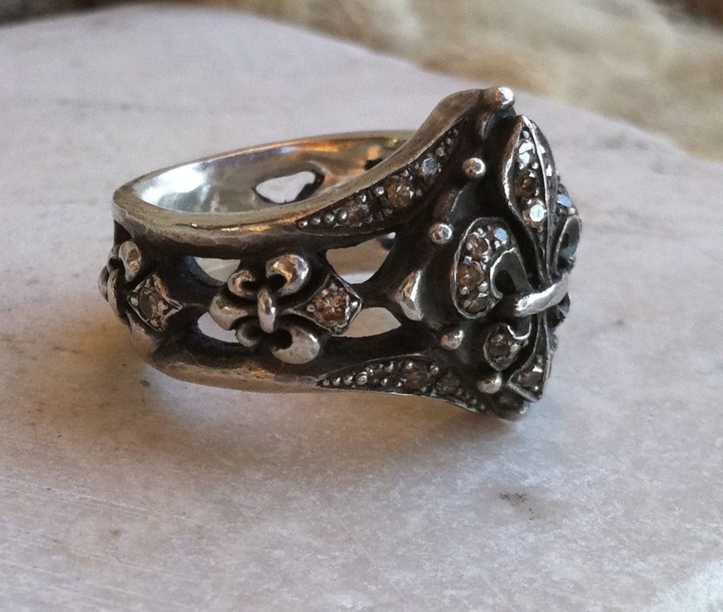 Silver Fleur De Lis Diamond Ring