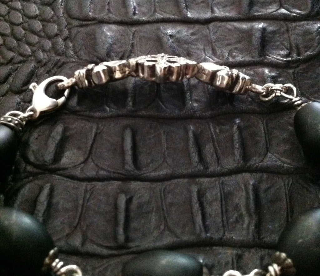 Sterling Silver Cross Fleur De Lis Diamond & Ruby Pave Bracelet with Oval Onyx Beads