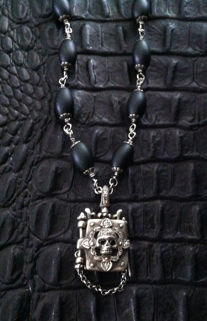 Sterling Silver Skull Diamond Pave Locket with Oval Onyx Beads