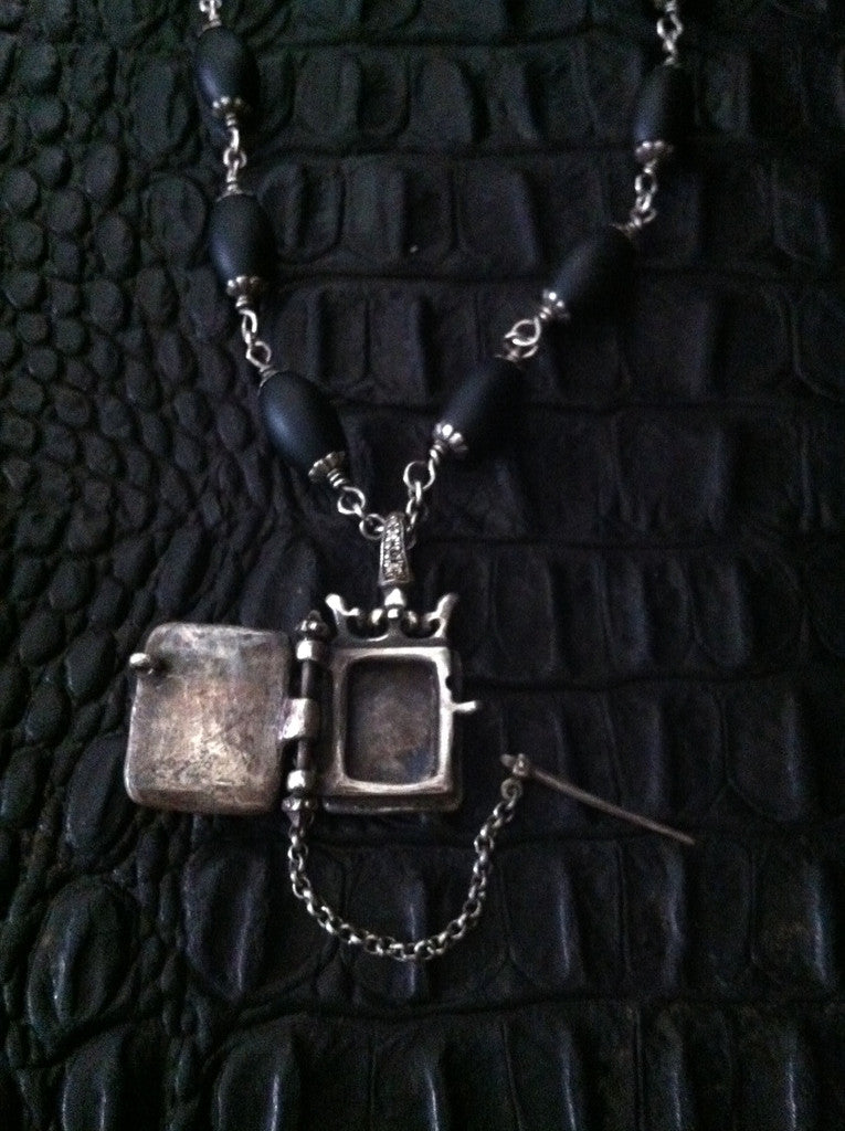 Sterling Silver Skull Diamond Pave Locket with Oval Onyx Beads