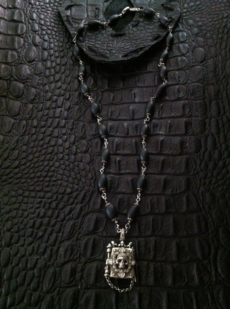 Sterling Silver Skull Diamond Pave Locket with Oval Onyx Beads